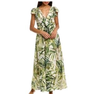 Taylor Tropical‎ Green Leaf Print Bow Tie Front Short Flutter Sleeves Maxi Dress